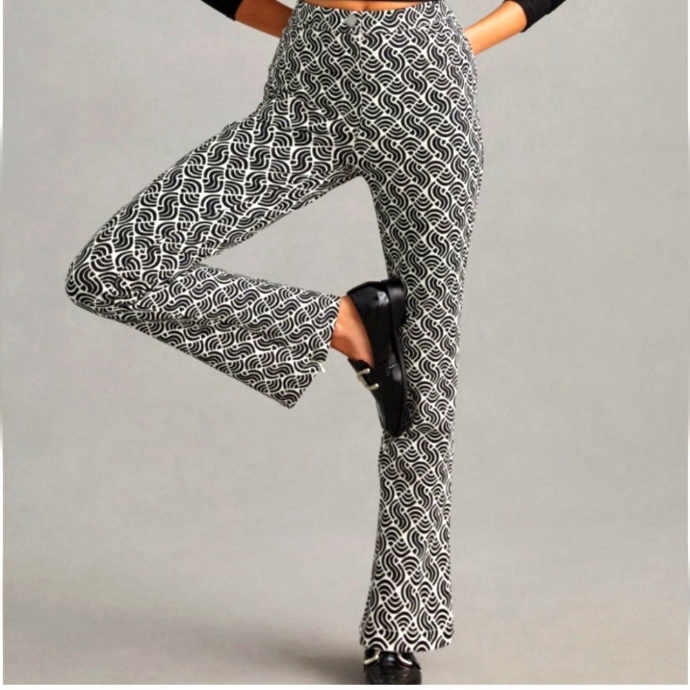 NWT Maeve by Anthropologie Mid Rise Flare Stretch Ponte Printed Pant Retro 4